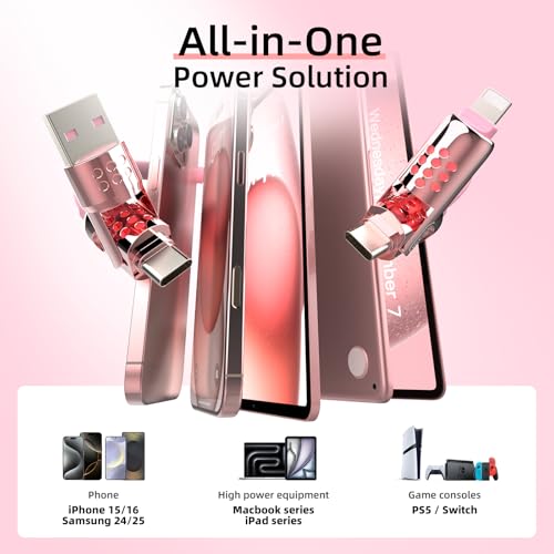 Image of MFish 4-in-1 Fast Charging Cable, 6.6FT 240W PD 3.1 USB-A /USB-C to USB-C & Lightning, Silicone Multi Charging Cable with Case, CarPlay Compatible, for iPhone 17 /16 Series, MacBook, iPad, Pink