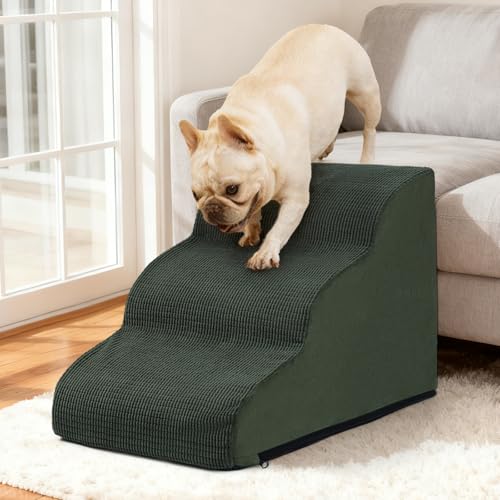 Image of Aodisman Dog Stairs for Small Dogs and Cats,3-Step Pet Ramp for Couch,Chair | 15.7 inch H Non-Slip Sturdy Dog Steps with Curved Ramp for Senior,Short-Legged Dogs,Puppy and Cats to Reach Sofa or Chair,Green