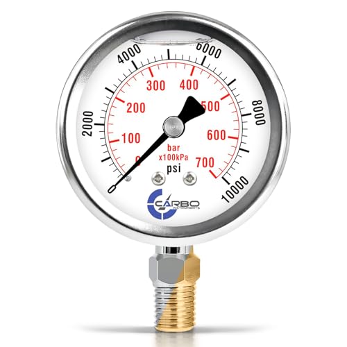 CARBO Instruments 10000 PSI Glycerin Liquid Filled Pressure Gauge, 2.5" Dial, 1/4 NPT Lower Mount, 304 Stainless Steel Case, Brass Wetted Parts, Dual Scale PSI/Bar - ASME B40.1 Grade A