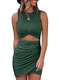 Acelitt Women's Ladies Summer Sleeveless Hollow Out Twist Bodycon Dress Cutout Basic Solid Wrap Slim Fit Party Evening Dresses Green XL