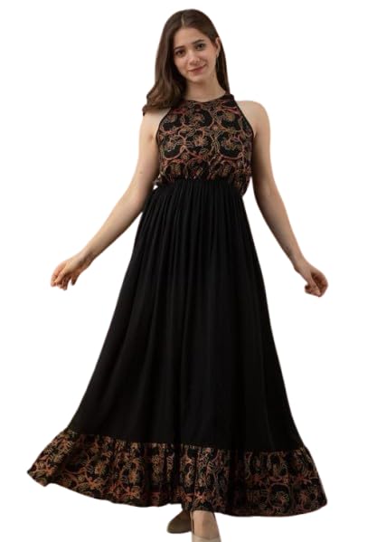 Women’s Embroidered Anarkali Maxi Dress | Sleeveless Ethnic Gown with Floral Print | Party Long Flared Dress for Women & Girls-picture-15