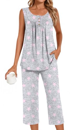 Image of Bestbee Women's Sleeveless Pajama Sets 2 Piece Sleepwear Summer Lounge Outfits Henley Tanks Capri Pants Ladies Pjs