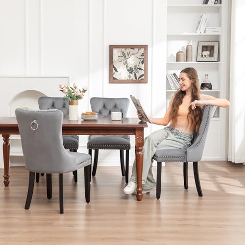 Image of Velvet Dining Chairs, Tufted Kitchen & Dining Room Chairs, Grey, Set of 2