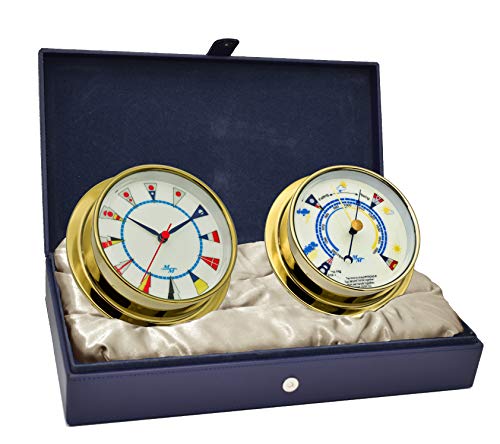 Master-Mariner American Voyager Collection, nautisches Kabinen-Geschenkset, 14,5 cm Durchmesser, Uhr und Barometer-Instrumente, goldfarbenes Finish, elfenbeinfarbenes Zifferblatt Cover