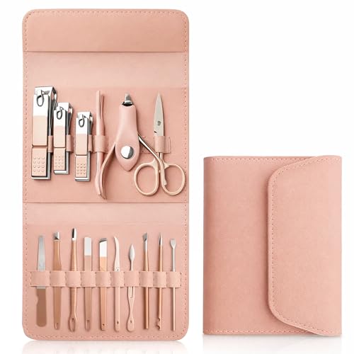 GLUN® Manicure & Pedicure Complete Tool Kit, Beige Colour Different 16 Piece Nail Clippers Set with Green PU Leather Cover, Stainless Steel Nail Care Kit, Professional Nail Cutting Kit for Men & Women