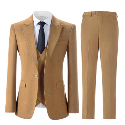 JinXuanYa Mens 3 Pieces Suit with Plaid Pattern, Business Formal Tuxedos for Prom Wedding(Blazer + Pants + Vest)