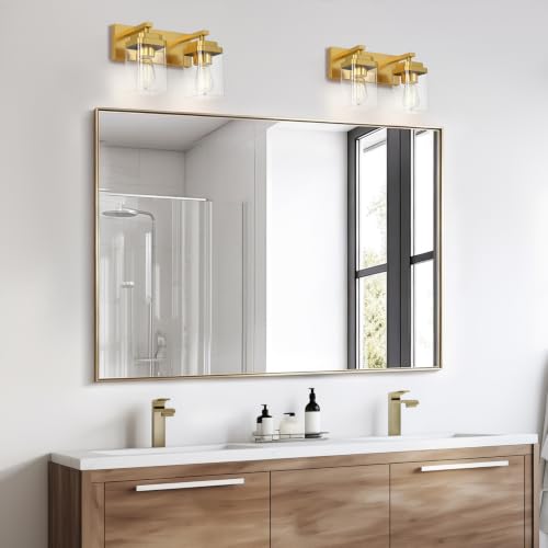 Image of Brushed Gold Bathroom Light Fixtures, 2 Lights Bathroom Lighting Fixtures Over Mirror, Square Design & Rectangle Large Backplate, Modern Vanity Lighting Fixtures, for Living Room /Bedroom