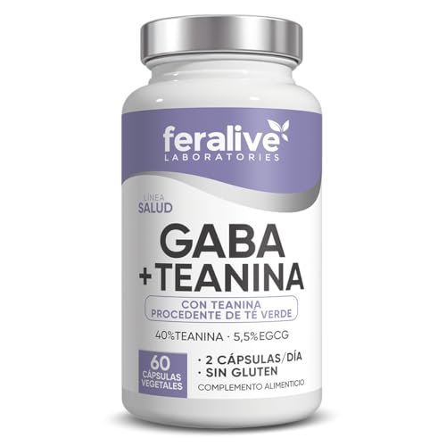 Feralive Laboratories GABA + Teanina 60 Cápsulas – Extracto de Té Verde con EGCG – Suplemento para Relajación, Estrés y Sueño