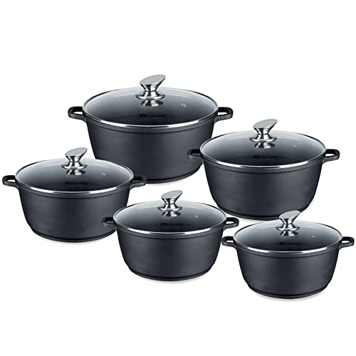 SQ Professional NEA Die-Cast Aluminum Stackable Stockpot 5pc Set with Tempered Glass Lid | 3-Layer Non-Stick Coating |Stainless Steel knob |Induction Base |Oven Safe (Without Lid) | (Black)