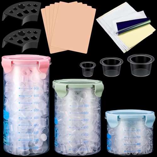 Jingmore 1015 Pcs Tattoo Skin Practice Kit Included 1000 Tattoo Ink Caps 3 Storage Containers 2 Ink Cup Holders 5 Practice Skins 3mm 5 Paper Transfer for Tattoos Supplies