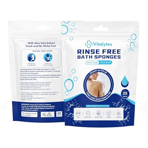 Vitalytes Rinse Free Bath Sponge -Thick & Soft Body Wipes- Disposable Mess-Free Wipe- Dry Soap Sponges- Camping Travel & Festivals Non-Sticky Wipe - Hospital & Gym Hygiene Wipes (25 PCs)