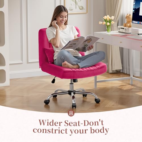 Image of Warmiehomy Criss Cross Office Chair with Wheels, Velvet Cross Legged Desk Chairs for Home, Height Adjustable Swivel Wide Seat Computer Chair, Modern Vanity Chair for Women, Hot Pink