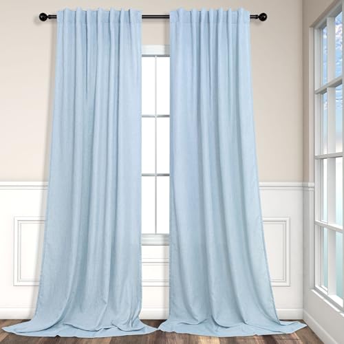 Pitalk Light Blue Curtains 84 Inch Length for Living Room Dining 2 Panel Back Tab Pocket Pleated Semi-Sheer Linen Coastal Drapes Pale Blue Curtain for Nursery Boy Bedroom Baby Pastel Blue 52x84 Long