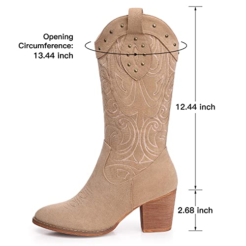 Shibever Cowboy Boots For Women Pointed Toe Pull-On Cowgirl Boots Knee High Western Embroidered Booties Apricot 11 #TOP4