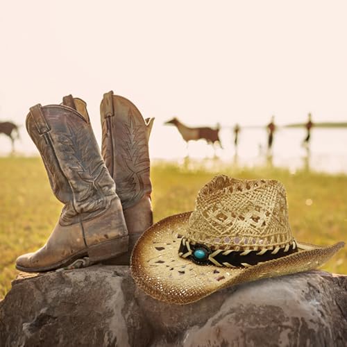 Image of YOUBADU Western Straw Cowboy and Cowgirl Hats with Decorative Bands - Unisex Wide Brim Raffia Style Sun Hat