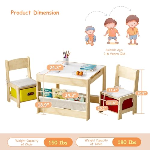 Image of EXPERLAM Kids Table and 2 Chairs Set, Wooden Toddler Activity Table with Adjustable Drawing Tabletop, Safety Hinges, Storage Drawers &Bookshelf for Playroom, Nursery, Ages 1-6, Burlywood