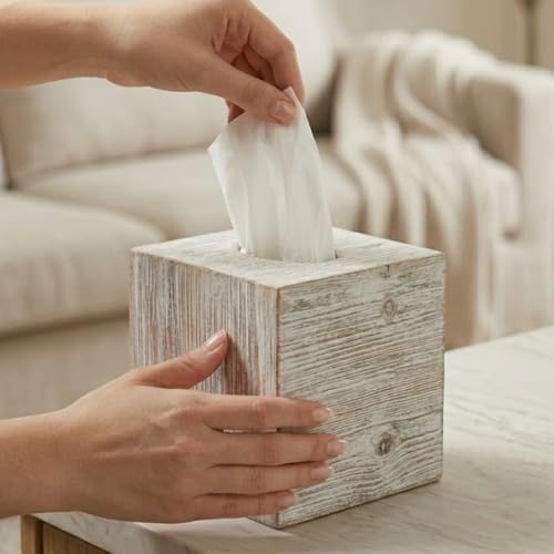White Barnwood Tissue Box Cover: 2 Pack Tissue Box Holder Includes Slide-Out Bottom Panel, Stylish Tissue Box Cover Square Perfect for Farmhouse Bathroom Decor by Khnum - Image 6