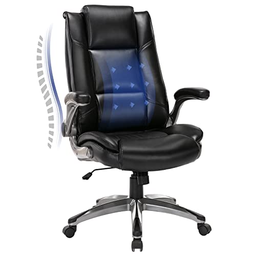 MALOL Leather Executive Office Chair - High Back Home Computer Desk Chair with Padded Flip-up Arms, Adjustable Tilt Lock, Swivel Rolling Ergonomic Chair for Adult Working Study, Black