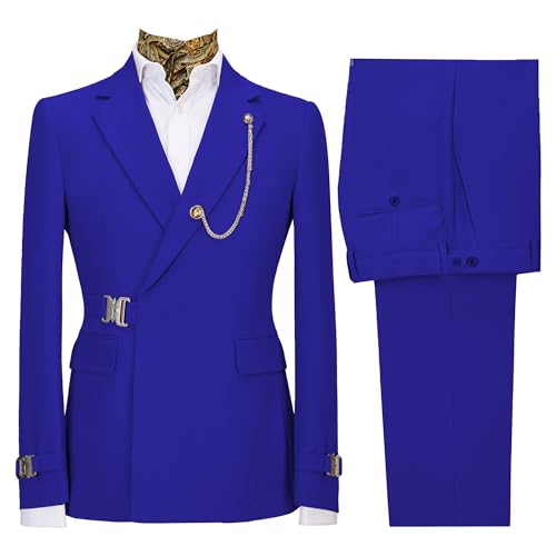 Image of Men's 2 Piece Suit with Metal Clasp Slim Fit Suit Stylish Business Pants Casual Wedding Grooms Tuxedo Suit