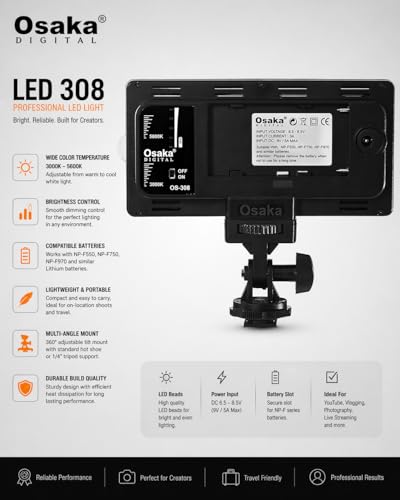 Image of Osaka Bi-Color Dimmable LED Video Light OS-LED-308 Pocket LED Slim for All DSLR Video Cameras YouTube Video tiktok Photography Shooting with F750 Battery 8000 mAh and Fast Charger