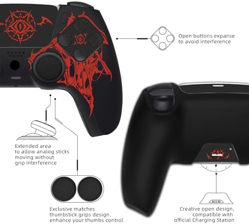 PlayVital Design for PS5 Controller Skin Cover Fit with Charging Station - Anti-Slip Silicone Controller Grip Case for PS5 with 6 Thumb Grip & Sticker, Pure Series Dockable Model - Wings Sigil (Red) — view 2