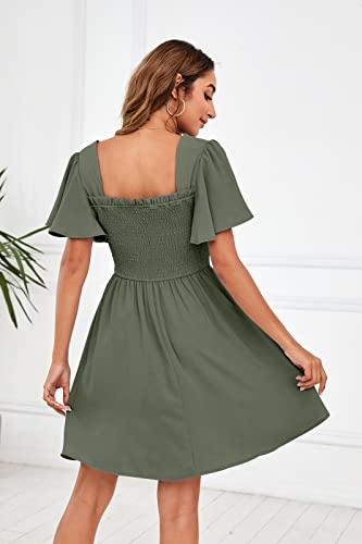 Wenrine Women's Square Neck Short Ruffle Sleeve Casual Army Green Summer Beach Solid Swing Flared Short Mini Dress #TOP2