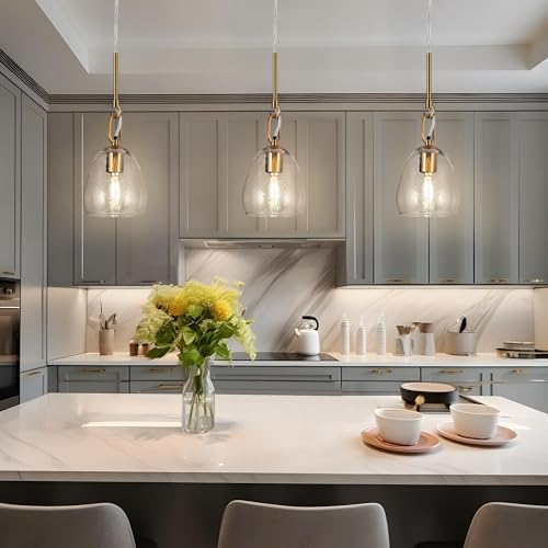 Image of KSANA Gold Glass Pendant Light, Modern Hanging Light Fixture with Water Ripple for Kitchen Island, Bedroom, Foyer, and Entryway