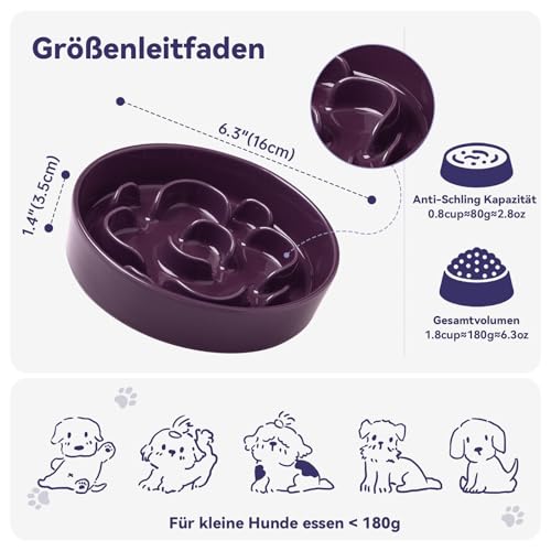 Anti-Schling-Futternapf Hund Keramik - Labyrinth Fressnapf für Trockenfutter & Nassfutter - Langsames Fressen für Kleine Hunde - 80 g - 16 cm - Lila