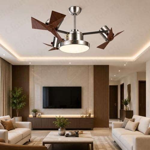 Image of Glowave Modern Antique Brass Finish Multi Head Wooden Texture 3 Blade Ceiling Fan with LED Light & Remote Control Fan for Kitchen, Cafes, Hotels, Dining, Bar - Tricolor (FI-7820 /NI)