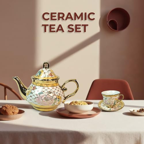 Image of DMRD Ceramic Tea Set -13 Pcs |1Kettle (800 ml), 6 Cups (180ml) & 6 Plates | Microwave & Dishwasher Safe | Elegant Morning Tea Set for Gifting | Floral & Aesthetic Design | Cute Cups Set (Check White)