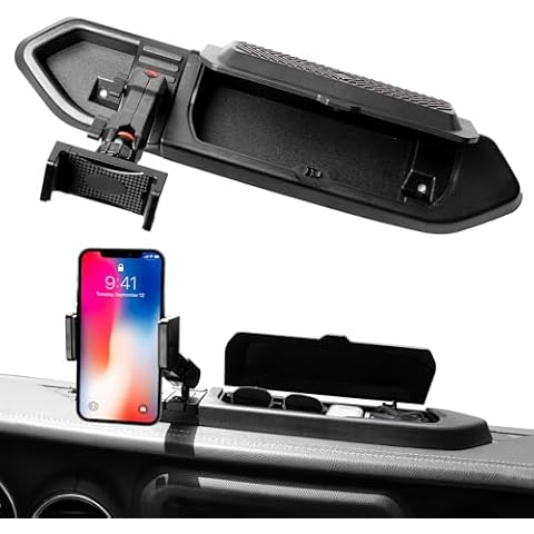 sukemichi JL Phone Holder Storage Box with Cover, Dash Cell Phone Mount Dashboard Phone Holder Mount with Tray for 2018-2023 Jeep Wrangler JL Jeep Gladiator JT Accessories, 1 Pack, Black Cover