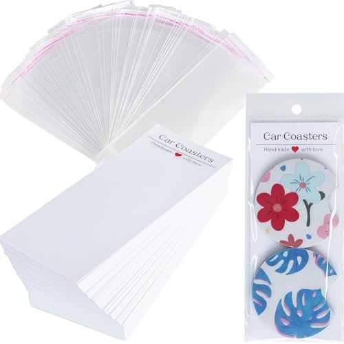 50PCS Car Coaster Packaging for Selling Car Coasters Display Cards Sublimation Blanks with 50PCS Clear Bags(7.8CM X 17.3CM)
