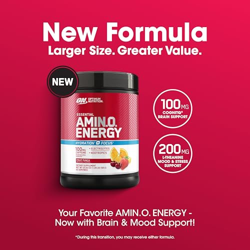 Image of Optimum Nutrition Amino Energy Powder Plus Focus, with BCAA, Electrolytes, and Caffeine, Fruit Punch, 65 Servings (Packaging May Vary)