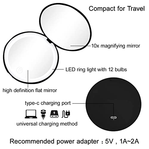 Milishow 2Pc Compact Mirror With Led Light,1X/10X Magnifying Rechargeable Mirror,3.5In Pocket Mirror, Dimmable Travel Mirror For Handbag,Pocket,Handheld 2-Sided Makeup Mirror(Black+Pink) #TOP3