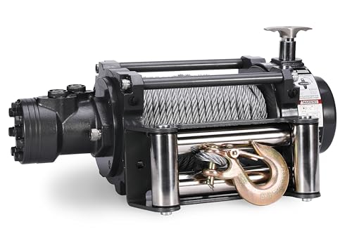 Warrior Winches Industrial Hydraulic Winch 10,000LB with Steel Cable & Auto Brake System - Heavy-Duty Recovery...