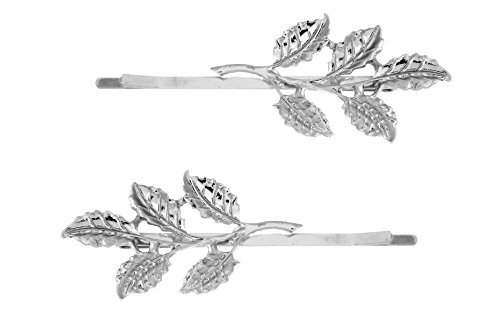 Rosemarie Collections Women's Set of 2 Leaf Sprigs Hair Clip Bobby Pins (Silver Tone)