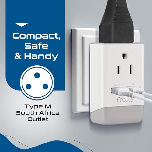 Image of Ceptics South Africa Travel 2 Pack Plug Adapter QC 3.0 & PD, Safe Dual USB & USB-C - 2 USA Socket Compact & Powerful - Use in S. Africa Botswana - Type M AP-10L - Fast Charging