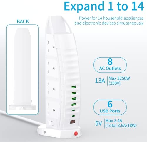 Extension Lead with USB, Tower Extension Cord 8 Way Outlets 6 USB (2 Type C and 4 USB Ports)  3.6A Multi Plug Extension Socket 2M Cable with Switches, Vertical Power Strip