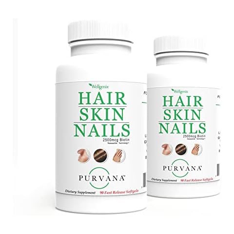 Wellgenix Purvana Hair, Skin, and Nails Vitamin Softgels for High Absorption - Double Strength 2500mcg Biotin, VIT A & B (90 Count) 2 Pack Cover