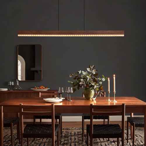 57" Wood Linear Pendant Light, Dimmable Kitchen Island Lighting with