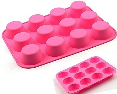 plastific 12 Large Silicone Muffin Yorkshire Pudding Mould Cupcake Baking Bakeware Tray (Pink)
