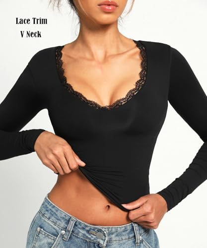 Navneet Women Sexy V Neck Lace Long Sleeve Shirts Crop Top Fall Cute Going Out Tops2