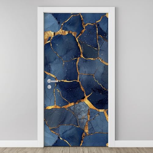 Sticker Mural Porte 3D Marbre Bleu Doré 83x204cm Abstraite Texture Fissures de Glace Autocollants Porte Trompe L'oeil Effect Auto-adhésif Vinyle Moderne Stickers Muraux Maison Déco Art F5fe132