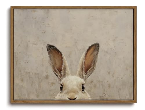Image of KISSFOX Framed Wall Art Vintage Wall Decor Rabbit Pictures Easter Bunny Canvas Art Rustic Animal Paintings Retro Artwork For Bedroom Living Room Kitchen