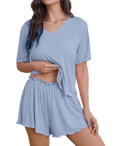Image of Bamboo Viscose Pajamas for Women Set 2 Piece Comfy Lounge Sets Soft Tshirt & Sleep Pjs Shorts with Rose Applique