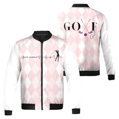 Custom Name Golf Girl Pink and White Argyle Pattern Bomber Jacket S-5XL