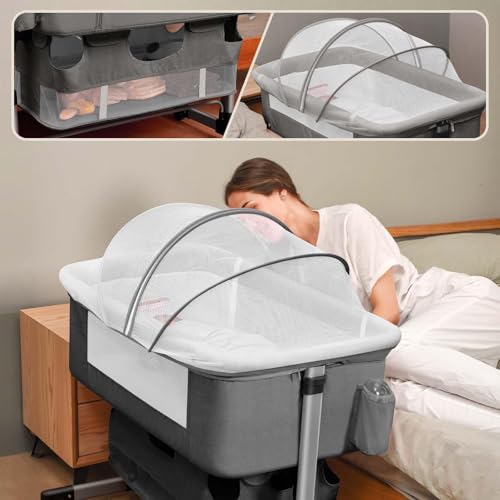 Image of Baby Crib, Baby's Cradle, 3 in 1 Bedside Crib Adjustable Portable Bed for Infant, Baby Bassinet Baby Newborn Must Have Bed, Grey