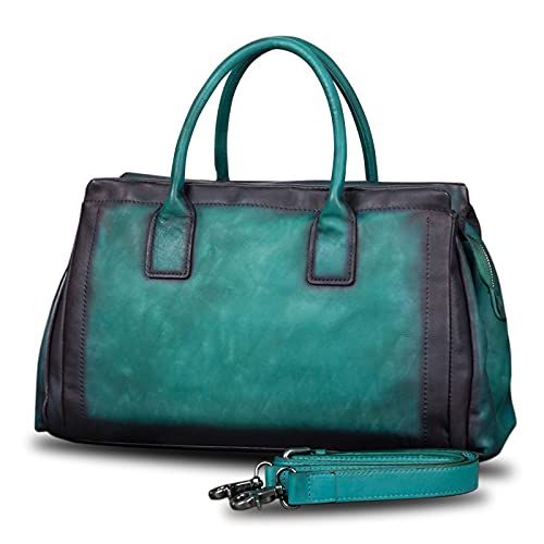 Genuine Leather Top Handle Handbag Satchel For Women Handmade Vintage Handbags Purse Retro Cowhide Crossbody Hobo Bag Purses (Cyan) #TOP22