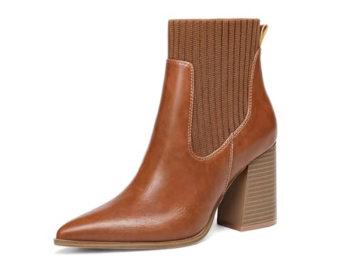 Coutgo Women Ankle Boots Sock Booties Pointed Toe Chunky Stacked High Heel Knit Chelsea Winter Dress Booties