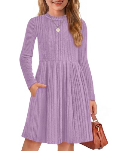 Image of Arshiner Girls Dresses Long Sleeve A Line Knit Sweater Dress with Pockets